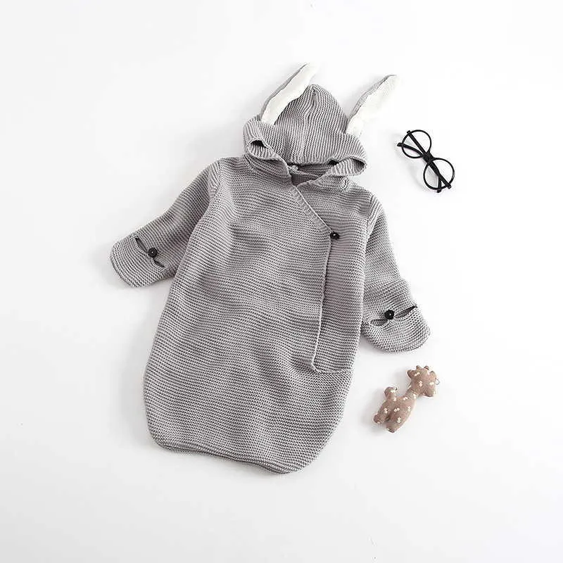 Autumn Romper Bunny Ears Knitted Baby Sleeping Bag Is Stereo born Baby Clothes Baby Romper 210701