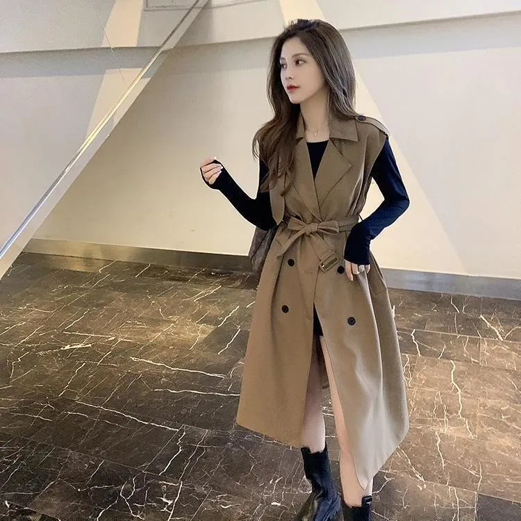 Wonder Elegant Long Trench Vest Sjeres Casual Losse Kantoor Vesten Chic Koreaanse Mouwloze Double Breasted Uitloper 210510