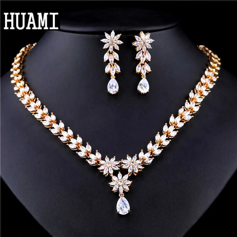 HUAMI Ins bijoux fins Top qualité femmes goutte d'eau boucles d'oreilles et pendentif ensembles fleur grand Chian collier en or