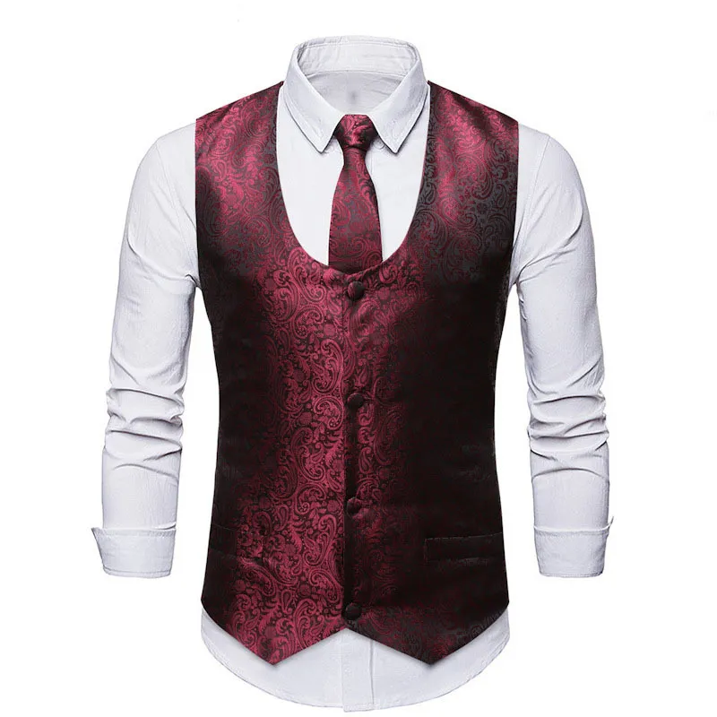 Mens klassisk vin röd paisley jacquard blommig midja sticka handkerchief party bröllop tuxedo slips väst kostym ficka kvadrat set