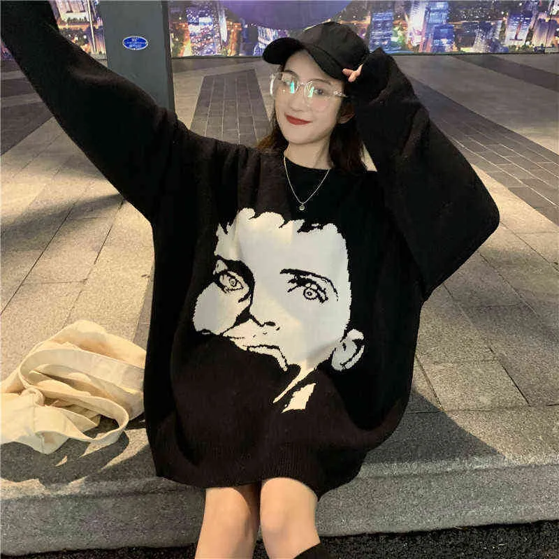 Korobov Oversize Manga Longa O-Pescoço Blusas Coreano Personagem De Banda Desenhada Sueter Mujer Streetwear Mulheres Harajuku Pullovers 79292 211109