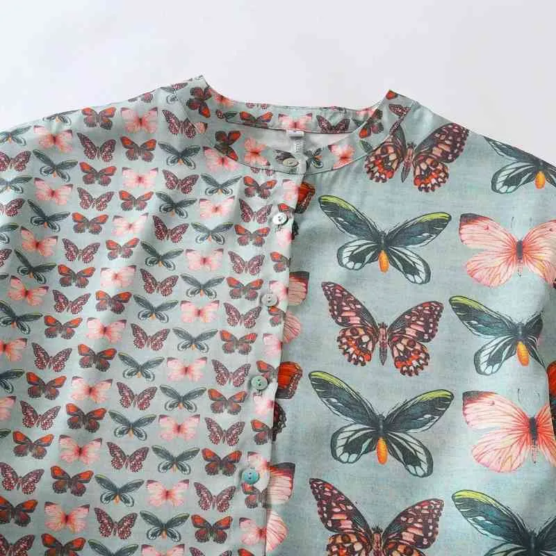 Lato Kobiety Motyl Drukowanie Splicing Koszula Kobieta Krótki Rękaw Bluzka Casual Los Loose Tops Blusas S8791 210430