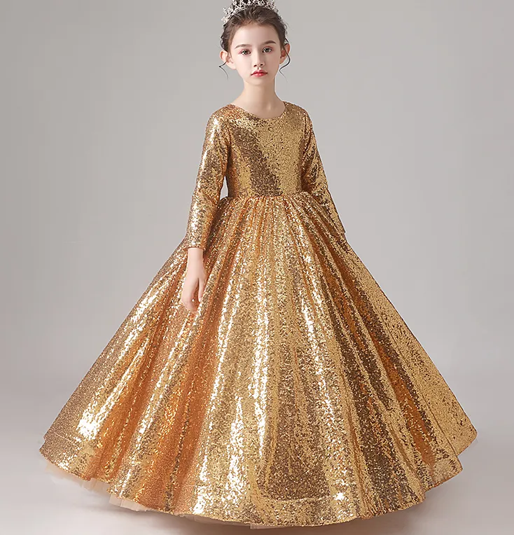 2021 Золотое блестящее бальное платье принцессы для маленьких девочек Конкурсные платья цвета фуксии Маленькие детские камуфляжные платья для девочек-цветочниц на свадьбу с большим 311P