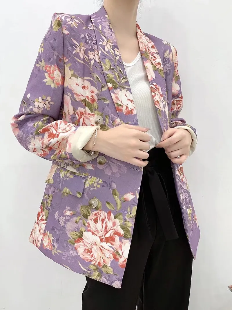 Höst Chic Shawl Collar Purple Daisy Flower Print Blazer Vintage BF Style Mid Lång Kvinnor Suit Coat Loose Femme 210429