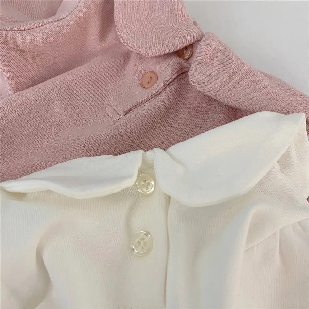 아기 소녀 0-2 년 귀여운 꽃잎 칼라 긴 소매베이스 티셔츠 코튼 소프트 솔리드 컬러 올 매일 탑 210508