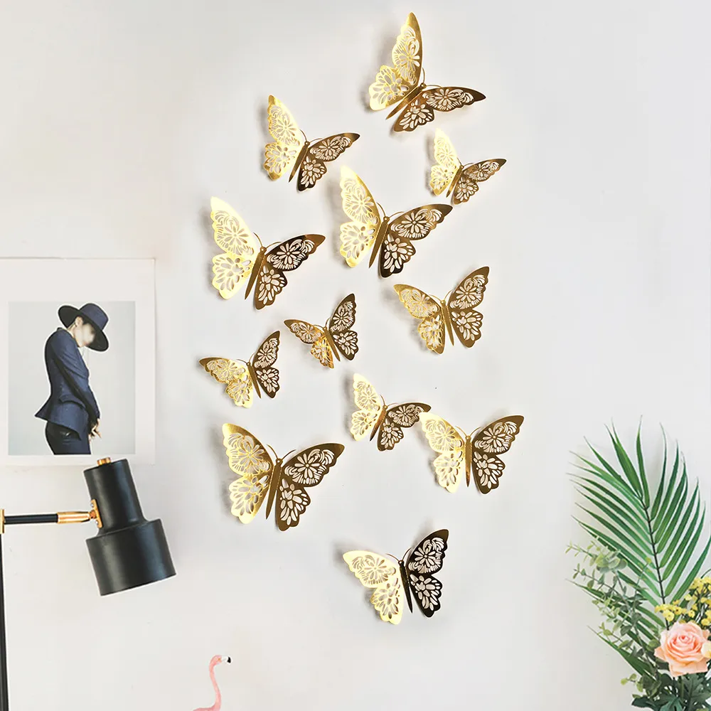 set Butterfly Wall Stickers et 3d Metallic Feel Rooms Fondon d'écran PÊCE DÉCORATION DES MURD