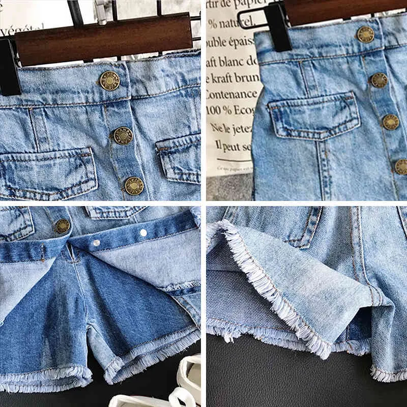 Keelorn Ragazza Gonne 2021 Nuova Estate Adorabile Bambini Denim di Colore Solido Bottone Jeans Pantaloncini Culottes Abbigliamento Ragazze 3-7 Anni 210331