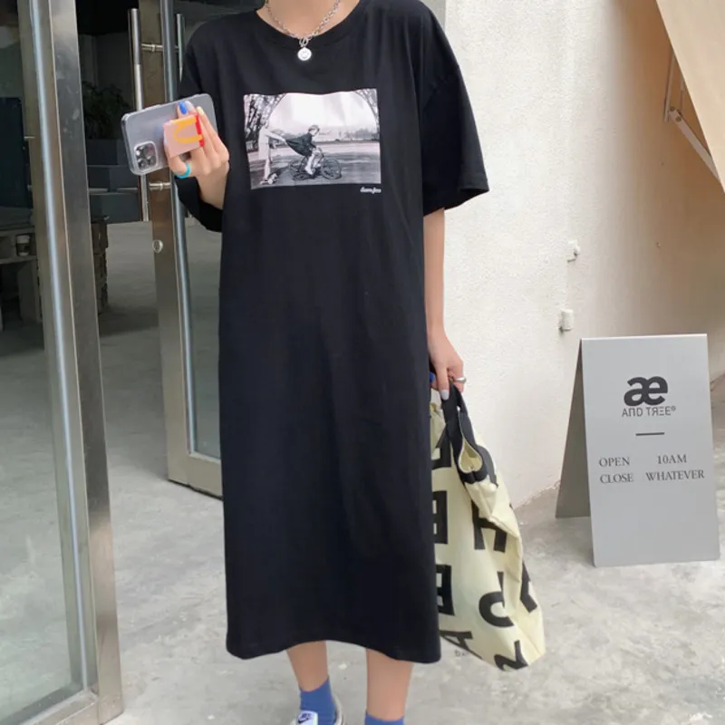 Coréen Summer Fashion Personnalité élégante Lâche Black Home Grande taille Motif imprimé Robe à manches courtes 16F1143 210510