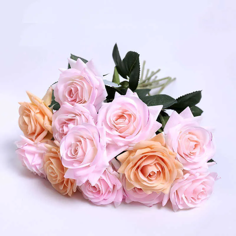 10 teile/los Frische Rose Künstliche Blumen Real Touch Rose Blumen Hause Dekorationen für Hochzeit Party Geburtstag Geschenk 210624