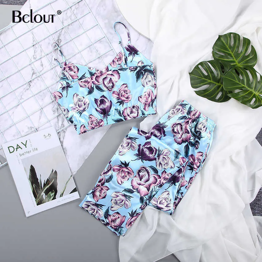 BCLOOT Spring fioletowy róża dwa kawałek zestaw kobiet sexy top i spodnie wzór Piżama Print Satin V-Neck Bez rękawów Piżama śluba 210709