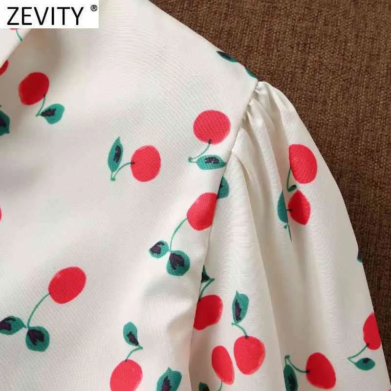 Vrouwen Sweet Cherry Print Casual Smock Blouse Office Dames Plooid Puff Sheeve Gespen Shirt Chique Blusas Tops LS9144 210420