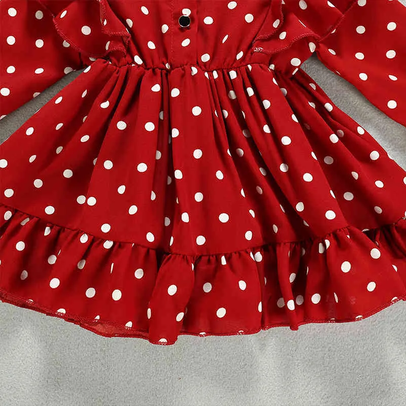 Lente herfst meisjes jurk koreaanse lange mouwen polka dot revers prinses kinderkleding baby meisje banket 210515