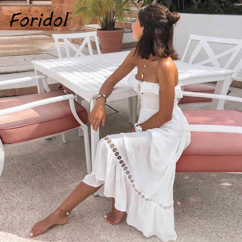 Foridol Spring Summerの女性のビーチのドレスは肩のマキシドレスのレースアップホワイトMidi Dress Long Vestidos de Mujer 210415