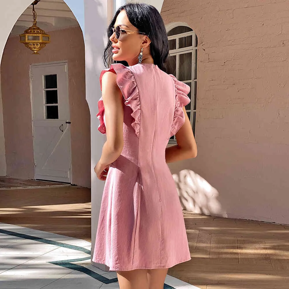 Sommer Vintage kurzes Kleid Dame einfarbig elegantes gekräuseltes Minikleid mit hoher Taille Frauen Strand niedliches Knopfkleid Vestidos 210514