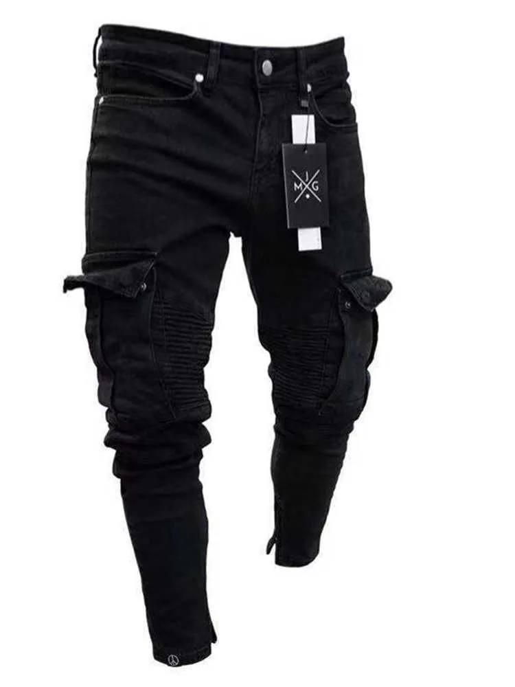 Jean Slim multi-poches pour hommes, pantalon crayon, noir, nouvelle salopette pour hommes, Street HipHop Moto, vêtements de vélo, 2021, X06211285629