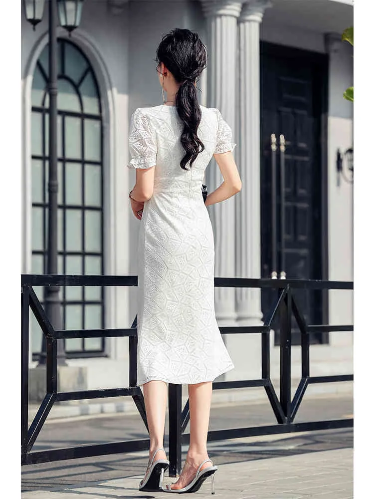 Summer Women White Lace Vintage Elegancki Single Breasted V Neck Rękaw Puff Mermaid Party Dinner Sukienki Vestidos 210514