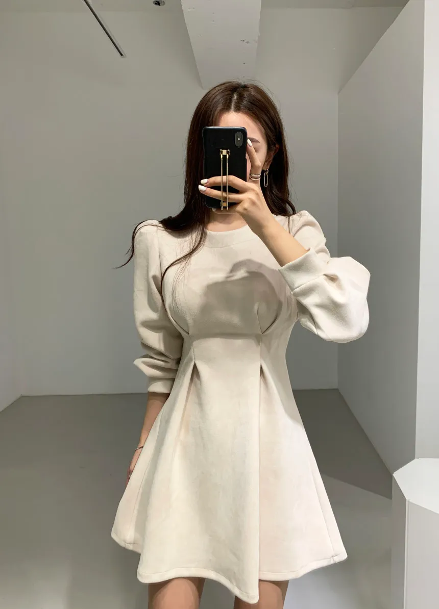 Corea Chic Elegante Luce Donna Matura Autunno Inverno Temperamento Retro Vita Sottile Girocollo Mini Abito Donna Completo 923C 210420