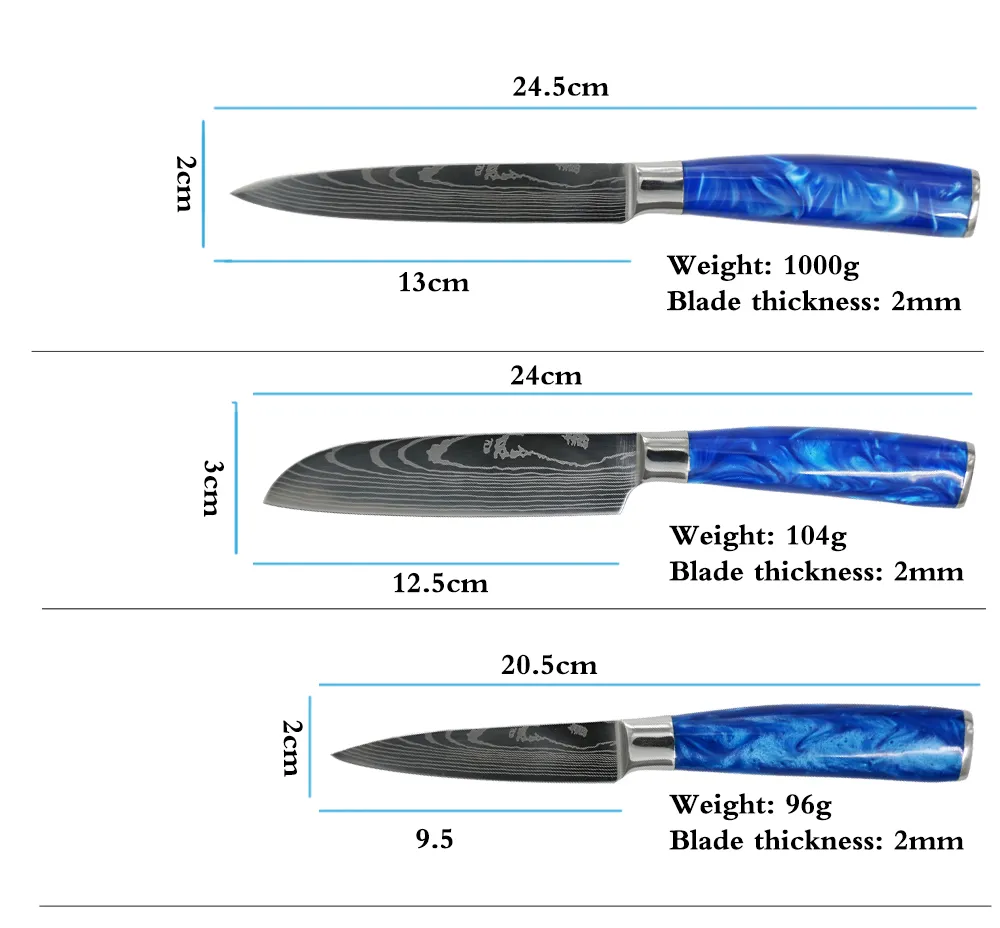 Kitchen Knives set Blue Resin Handle Chef LNIFE Laser EAMASCUS Pattern Japanese Stainless Steel Santoku Cleaver Slicing tools3108