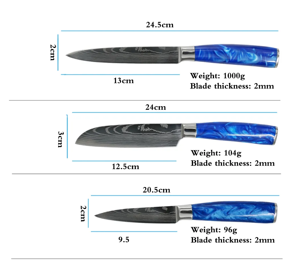 包丁セットブルー樹脂ハンドルシェフlnifeレーザーエマスカスパターン日本のステンレス鋼サントククリーバースライスツール223z