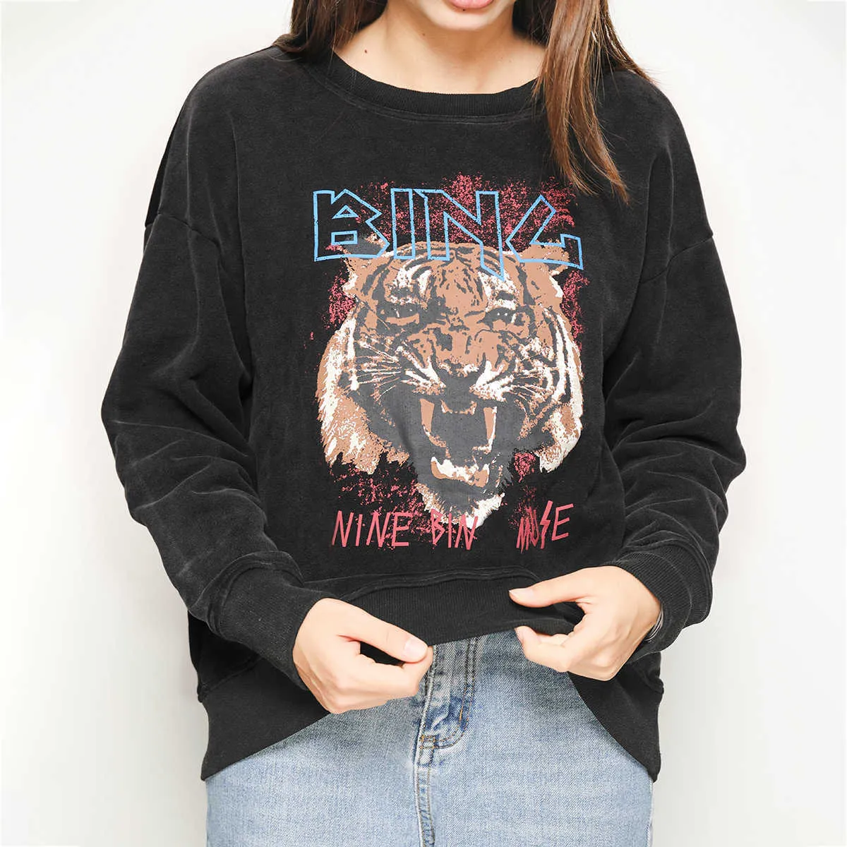 Black Tiger Head Graphic Boho Sweatshirt Women Autumn Winter Long Sleeve O Neck 100% Cotton Pullover Casual Vintage Hoodies 210805