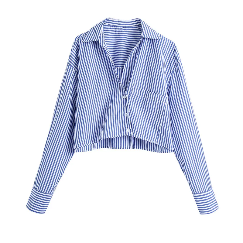 Fashion With Pockets Striped Crop Blouses Women Sweet Long Sleeve Button-up Female Shirts Blusas Chic Tops Casual Clothing 210430