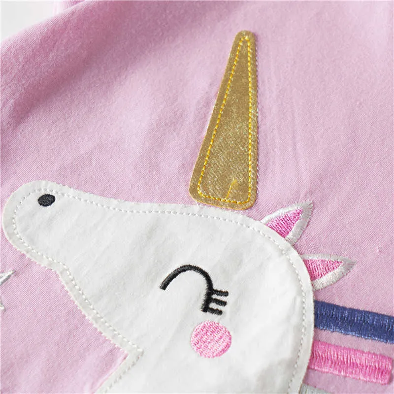 Hoppmätare sommar broderi barns tees ops bomull unicorn tjejer skjorta applique baby kläder skjortor 210529