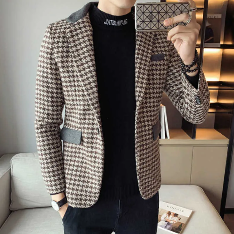 Plaid Mężczyźni Blazers Wełna Kurtki Trench Casual Slim Fit Wedding Business Blazer Winter Single Button Streetwear Social Windbreaker 210527