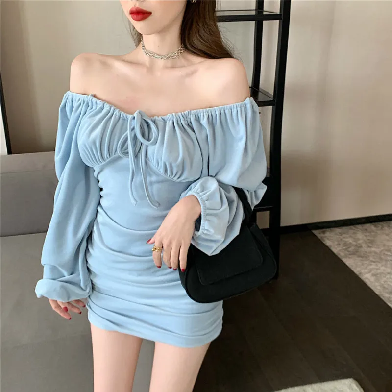 Ezgaga Sexy Dress Femmes Coréenne Vintage Manches Bouffantes Taille Haute Slash Col Parti Dames Robe Moulante Élégant Solide Vestidos 210430