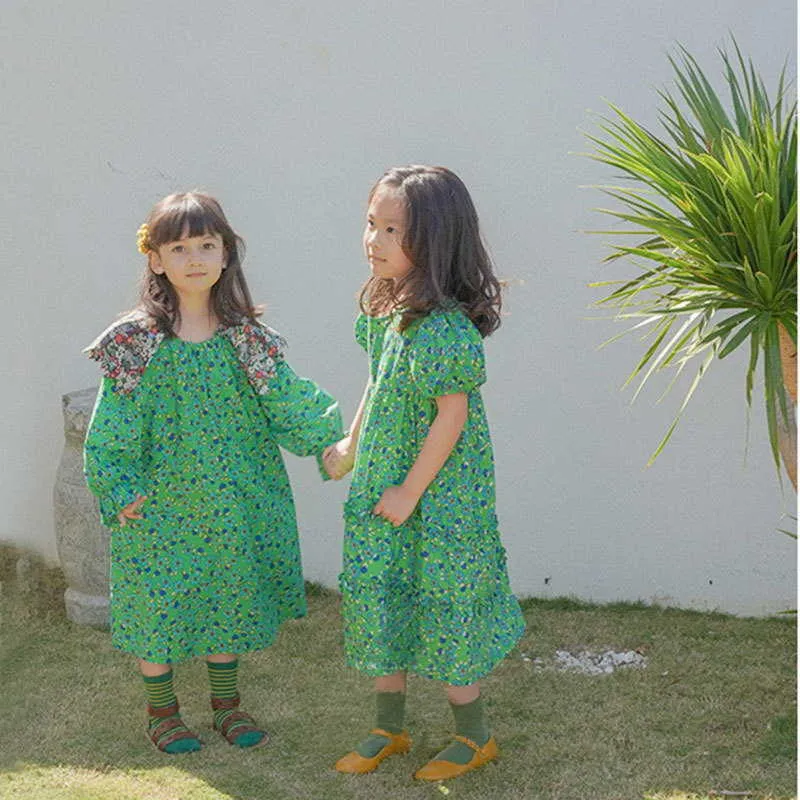 Korean Style Summer Kids Girls Dress Green Floral Long Short Puff Sleeves Princess Children Clothes 1-7 Years E13 210610