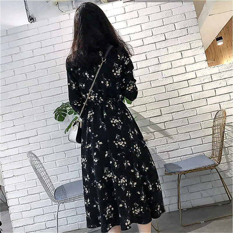 Lange mouwen jurk vrouwen bloemen-gedrukte chiffon elegante zwarte Koreaanse stijl vrijetijdsbesteding slanke chique student streetwear dames vestido y1006