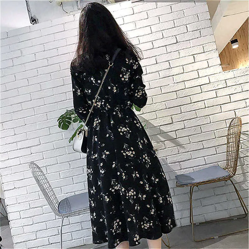 Long Sleeve Dress Women Floral-printed Chiffon Elegant Black Korean Style Leisure Slender Chic Student Streetwear Womens Vestido Y1006