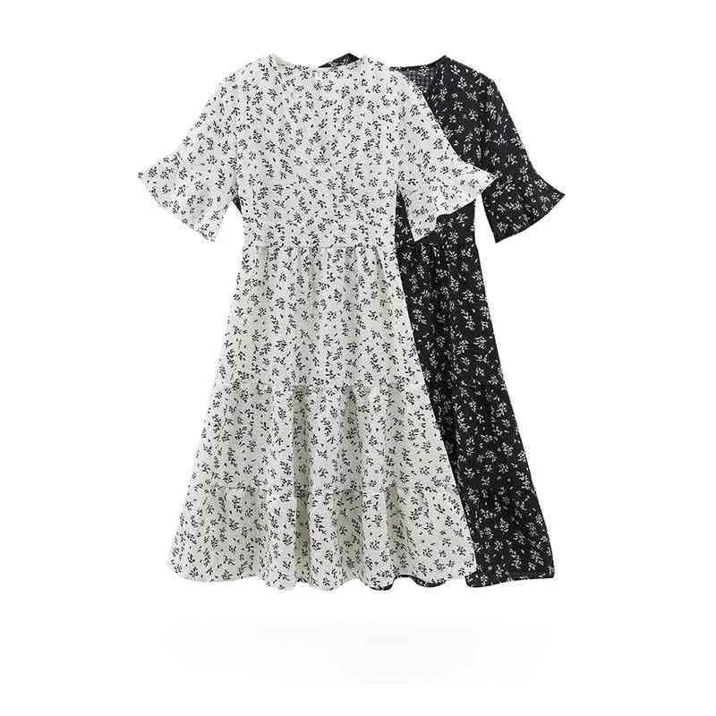 Kimutomo Doux Floral Dress D'été Style Français Élégant Col En V Manches Courtes Flare Minceur Taille Haute En Mousseline De Soie Vestidos De Mode 210521