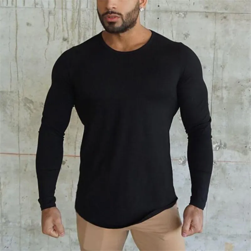 Muscleguys Fitness T-shirts à manches longues Hommes Automne Nouveau Slim Fit Coton Bodybuilding Top Mâle O-Cou T-shirt Plus Taille 210421