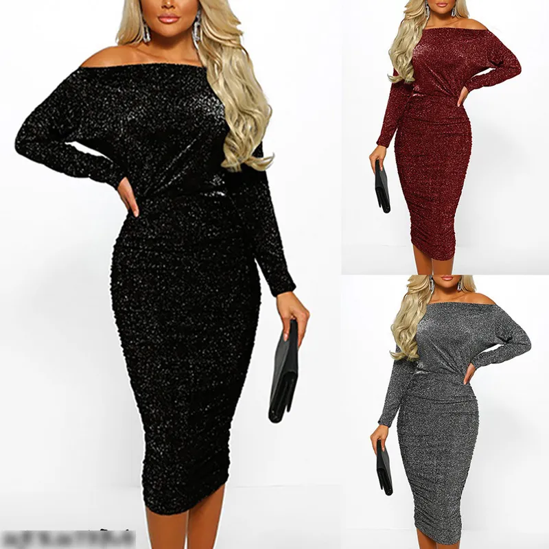 Women Dress Arrival Solid Off-The-Shoulder Slim Elegant Ladies Sexy Slash Neck Glitter Bodycon Evening Party Formal Clothing 210522