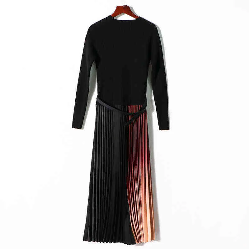 バナリン女性セータードレス秋冬女性のハイカラーロングレリーブサッシを編むPatchworkプリーツのドレスを編み出すG1214