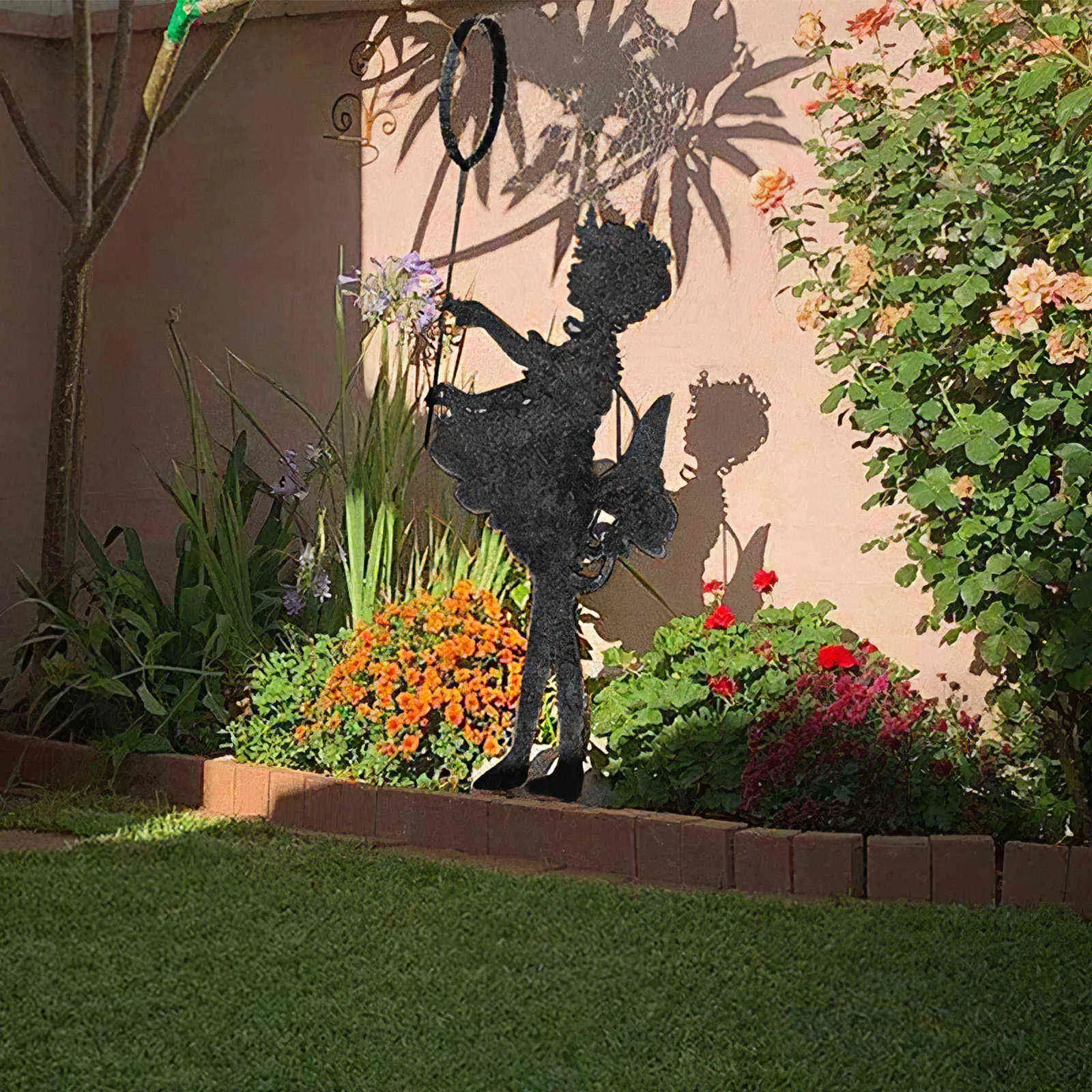 Schmetterlingsmädchen, große Vintage-Silhouettenskulptur aus Metall für den Garten oder Hof, Kunst-Gedenkfee-Statue, Dekor 211108