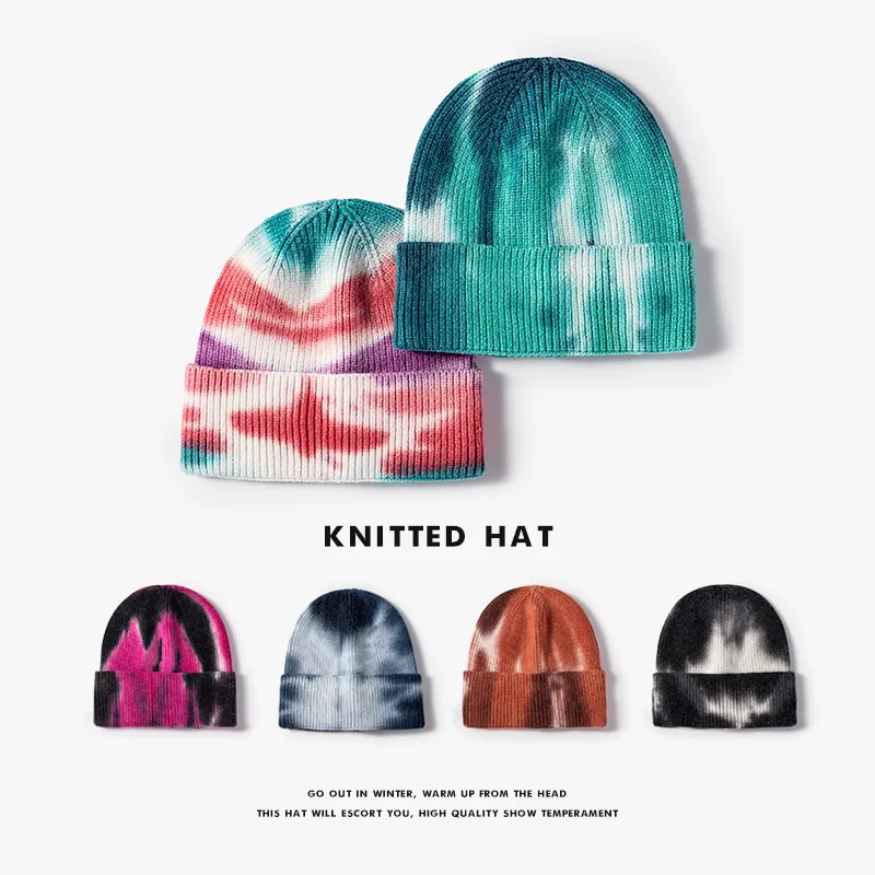 Tie Dyed Knitted Caps Women's Outdoor Hip Hop Warm Brimless Cold Hat Men's Wool Hats