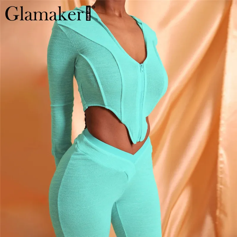 Glamaker Set da due pezzi fitness a manica lunga da donna autunno sexy crop top e pantalone completo da donna streetwear club outfit 210412