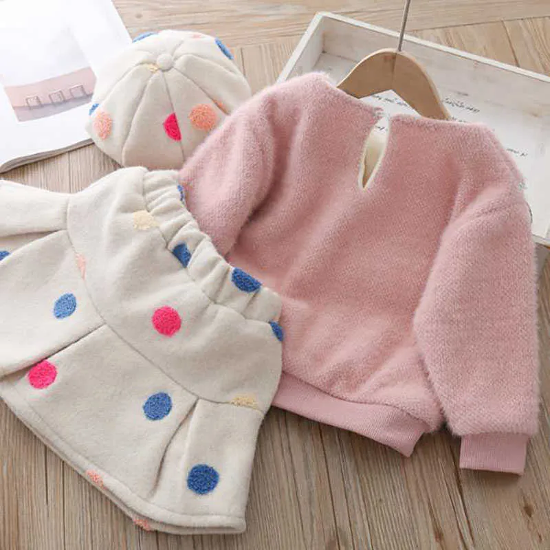 Baby Mädchen Winter Warme Kleidung Kind Polka Dot Rock Plüsch Zwei-stück Anzug Puppe Kragen Wolle Pullover Plus Samt verdickung Set 211025