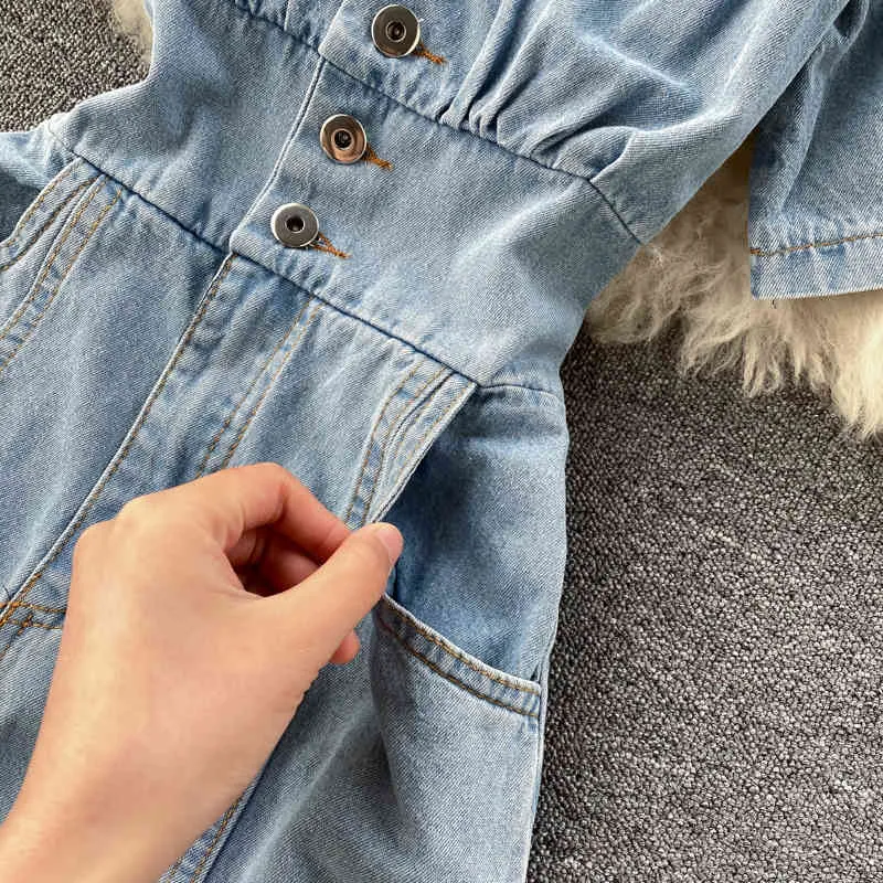 Été Vintage Denim femmes à manches courtes col en v simple boutonnage poche zippée Midi Jean femme fendu sirène robe 210416