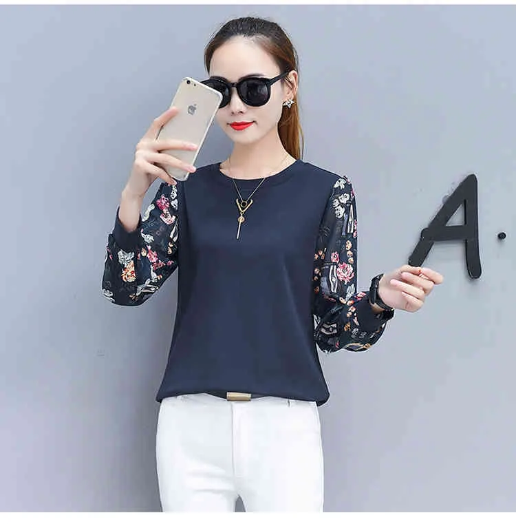 Autumn Long Sleeved Casual Tops Spliced Printed Blouse Shirt Female O-neck Full Women Clothing 0595 30 210415