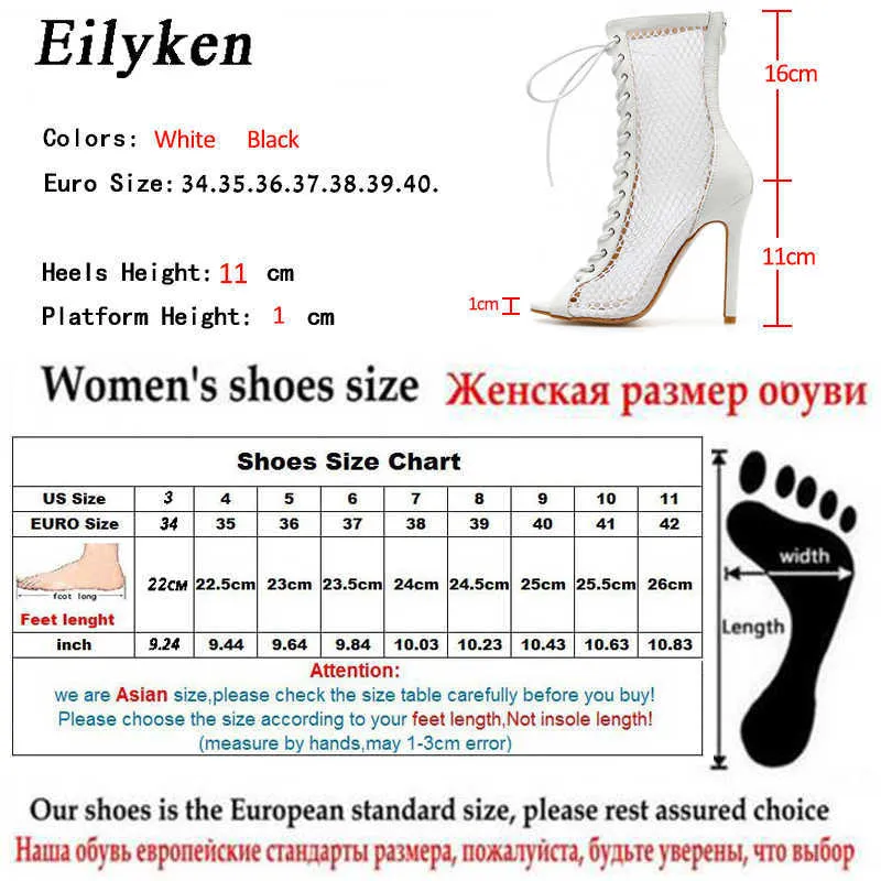 Eiluken Fashion Zipper Peep Toe Mesh Buty Jesień Kostki Botki Sandały Cienki Obcas Kobieta Wysokie Obcasy Bootie Rozmiar 35-40 Y0914