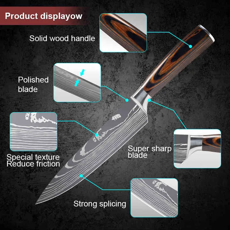 Mutfak Bıçakları Profesyonel Şef Bıçaklar Japon 7CR17 440C Yüksek Karbon Paslanmaz Çelik Taklit Eamascus Desen Lnife Set209p