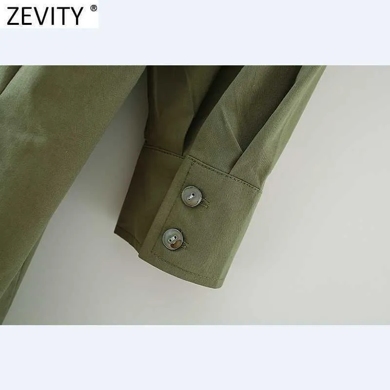 Zevity Women Pockets Patch Prest Plest Shirtdress女性長袖カジュアルスリムビジネスA線Vestidos DS4651 210603