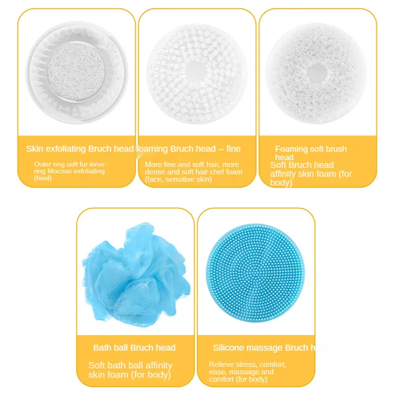 Electric Bath Brushes Waterproof Silicone Body Brush with 5 Spin Heads Waterproof Silicone Shower Brush for Facial Scrubber Exfoliating SPA Back Long Handle