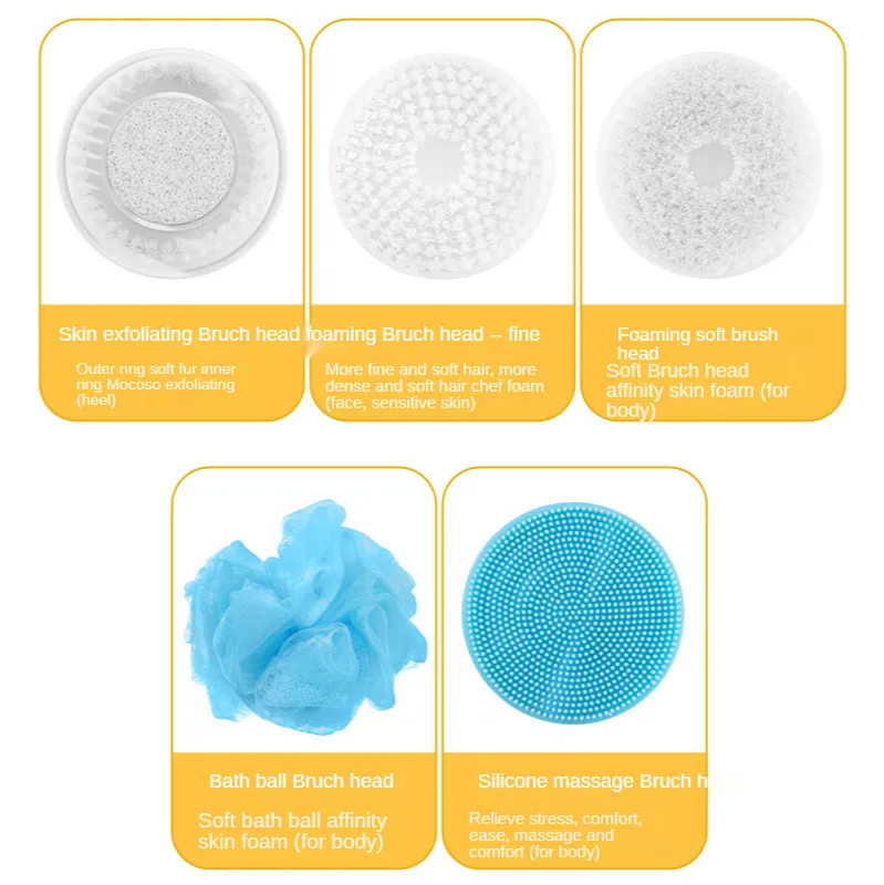 Elektryczne szczotki do kąpieli wodoodporna silikonowa szczotka do ciała z 5 głowic wirowanych wodoodporna silikonowa szczotka prysznicowa do płuczki do twarzy złuszczający spa z powrotem długi uchwyt