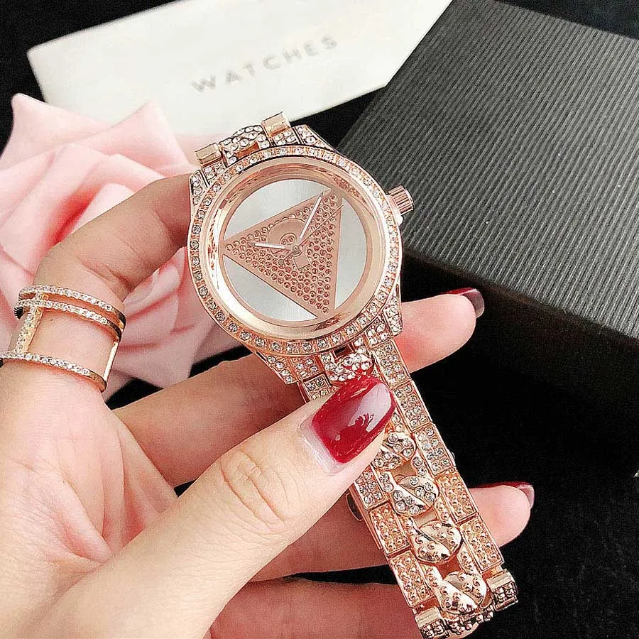 브랜드 시계 여성 레이디 소녀 다이아몬드 크리스탈 삼각형 물음표 스타일 금속 스틸 밴드 석영 손목 시계 GS 43