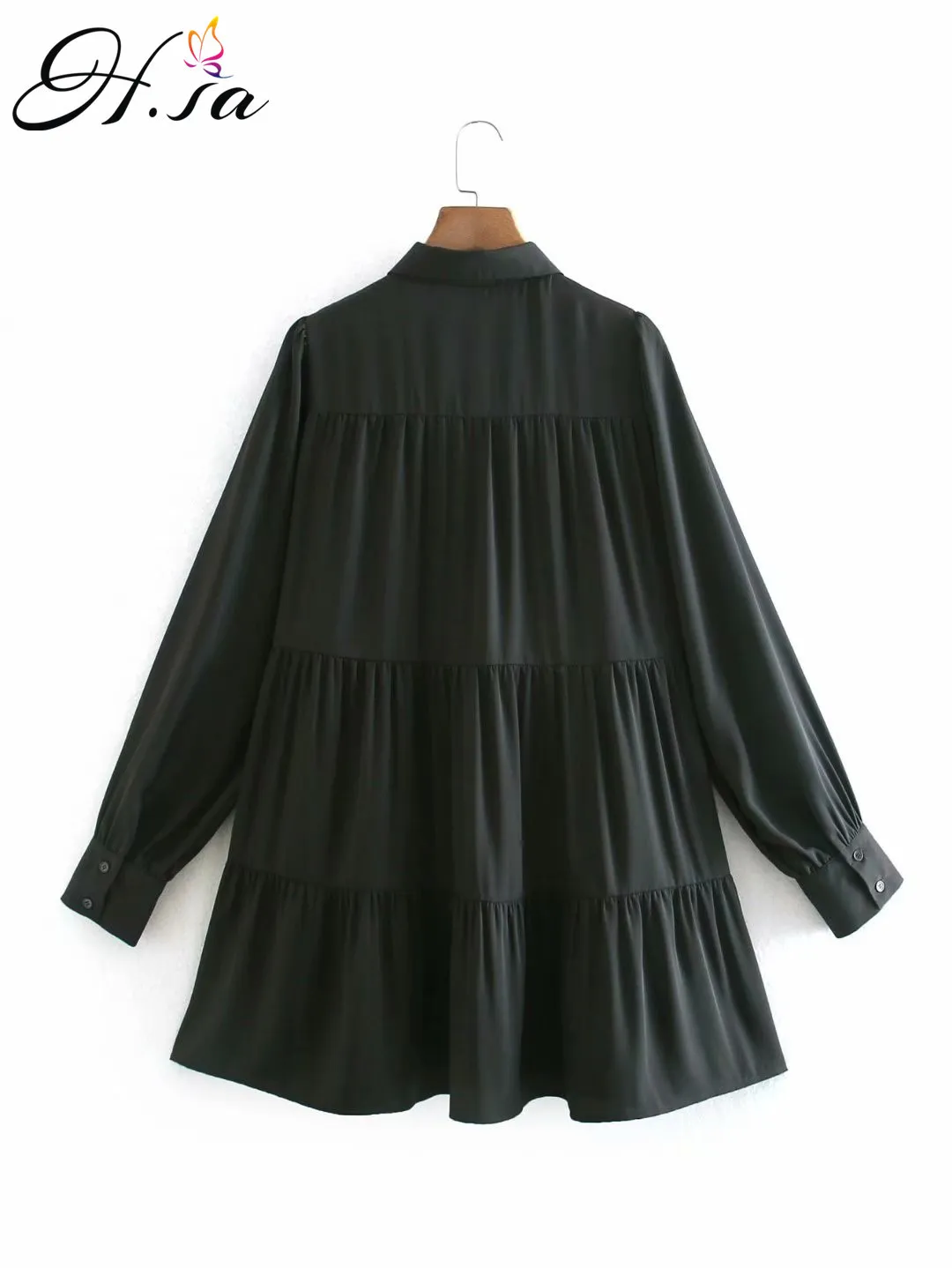 H.SA Mujeres Ruffles Vestidos de manga larga Camisa negra Turn Down Collar Button Up Vestidos de fiesta de gran tamaño Robe Mujer 210417