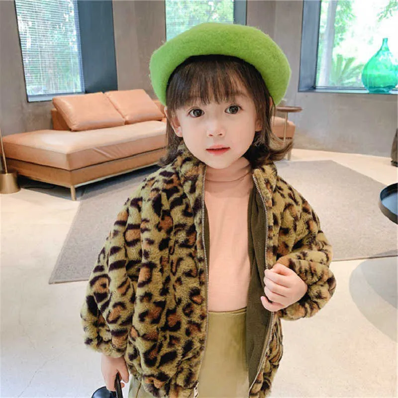 Abrigo para niñas Estampado de leopardo Lana de cordero más terciopelo Chaqueta gruesa Prendas de abrigo Cárdigan cálido de invierno Ropa para niños 210625