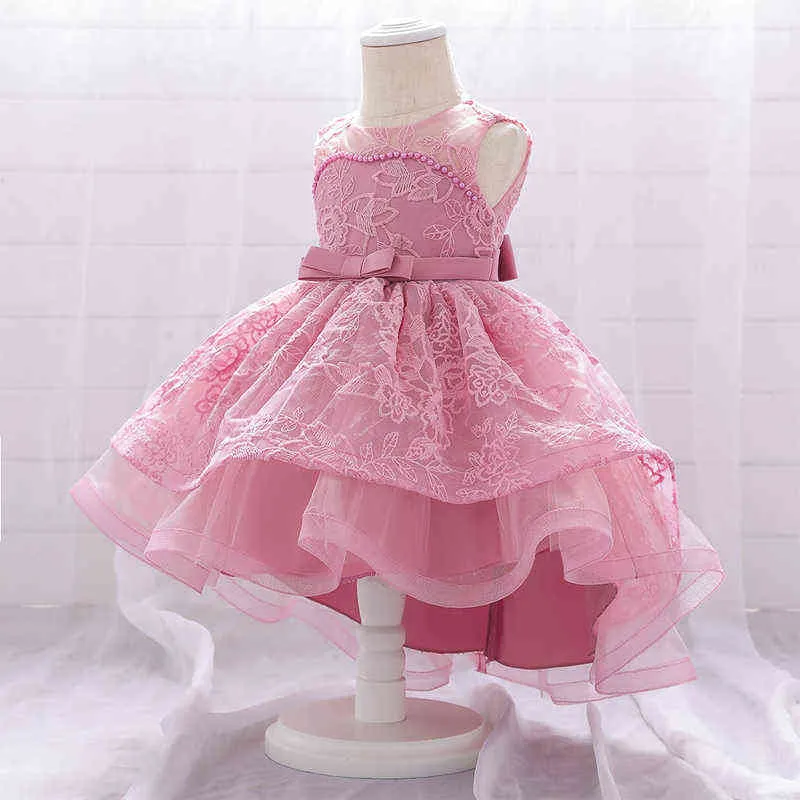 2021 Sommar Småbarn Första Födelsedag Klänning För Baby Flicka Kläder Bröllopsklänning Princess Dresses Party Beading Kläder 3-24 Månad G1129